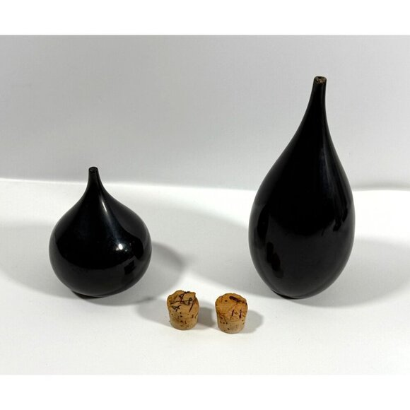 Mid Century Takahashi Black Lacquered Teardrop Salt & Pepper Shakers Japan FLAWS - Picture 2 of 14